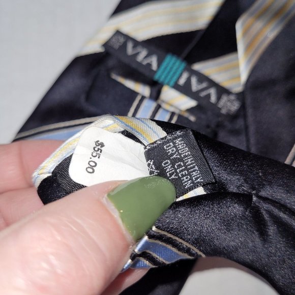 Via Vai Tie Men Silk Necktie Hand Made in Italy Black Blue/Yelllow Stripes - Picture 5 of 8